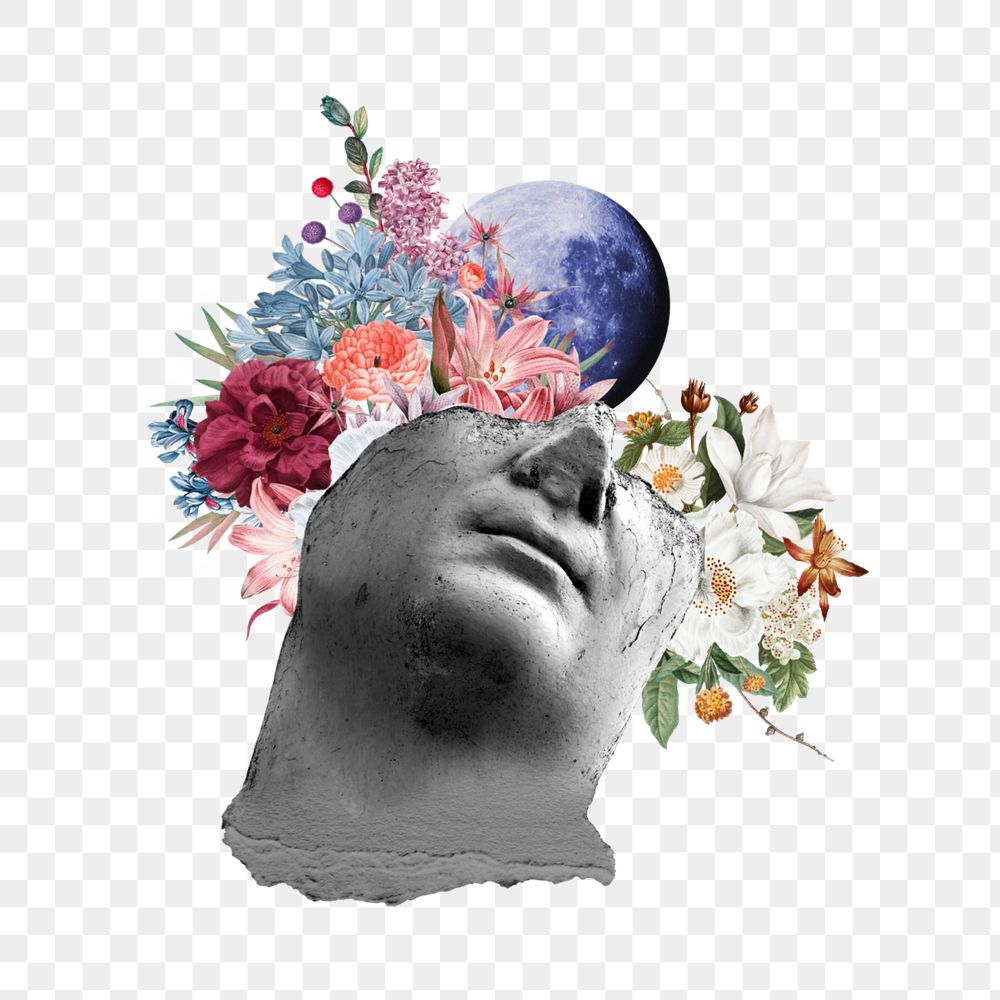 Floral head statue png, surreal mental health remix, editable design