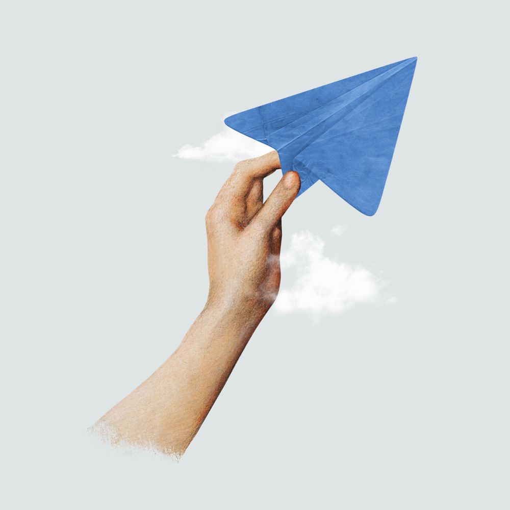 Hand holding paper plane, editable travel collage. Remixed by rawpixel.