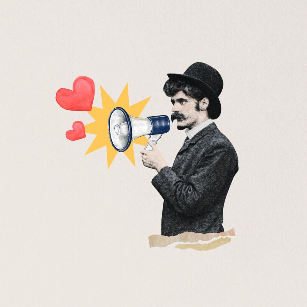 Valentine's celebration, man holding megaphone editable collage. Remixed by rawpixel.