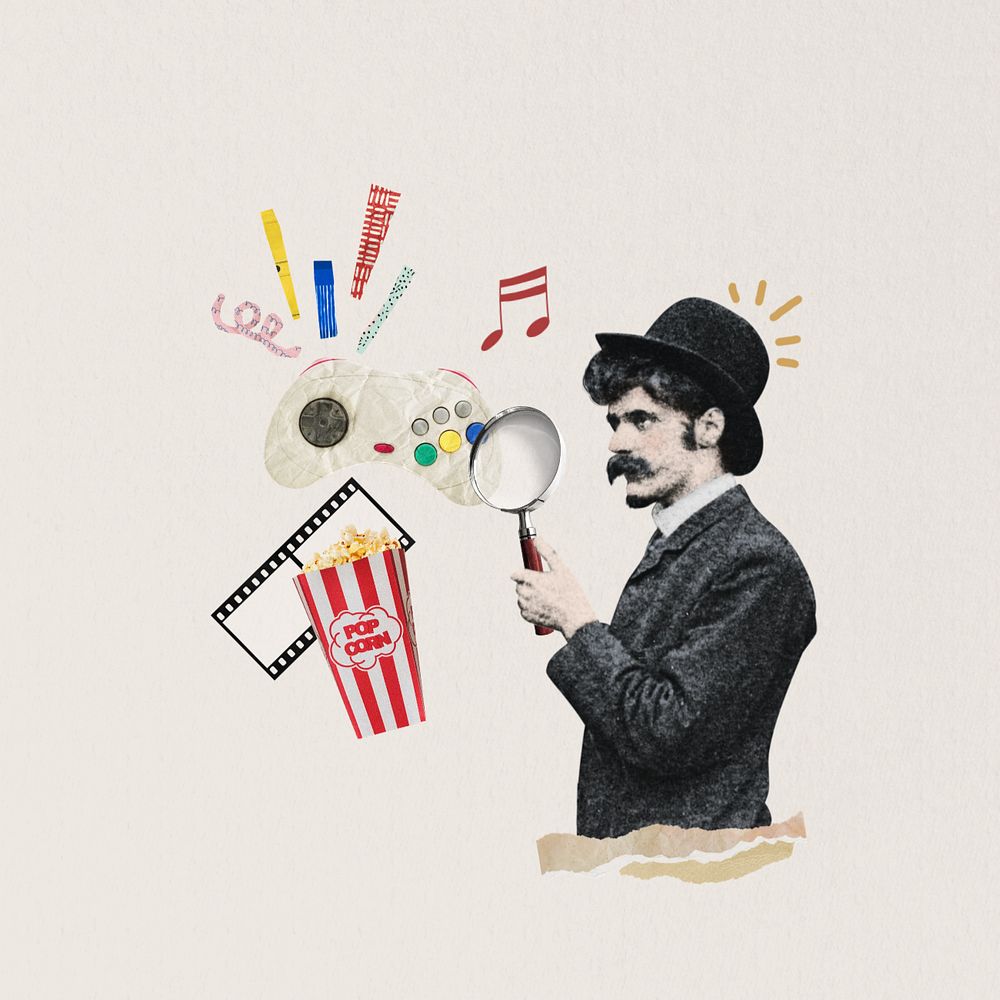 Man holding magnifying glass, entertainment editable collage art. Remixed by rawpixel.