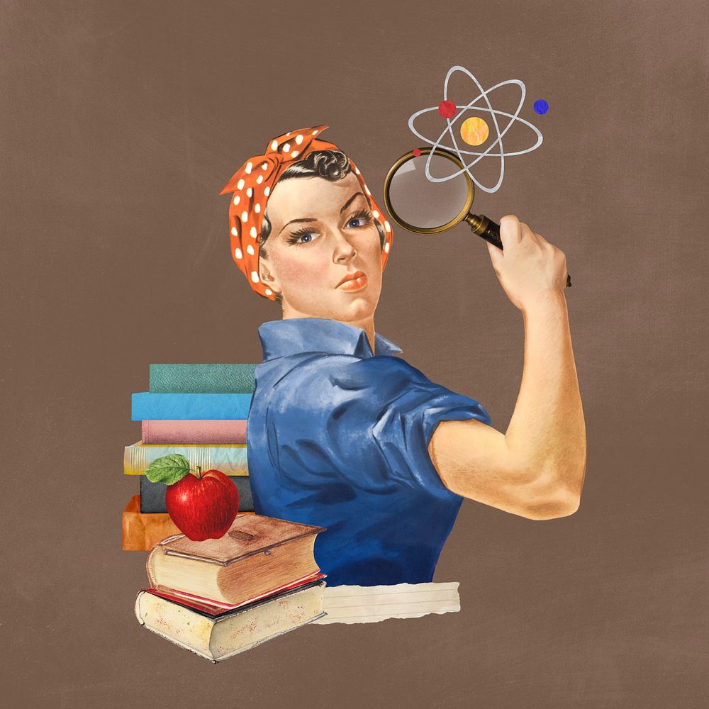 Science education, editable woman holding magnifying glass collage. Remixed by rawpixel.