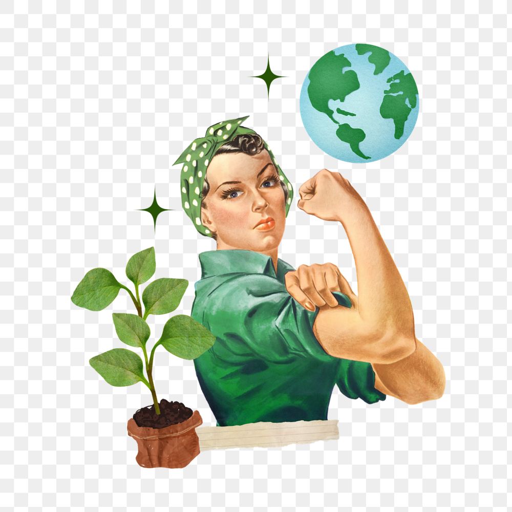 Environmentalist woman png flexing muscle editable collage art. Remixed by rawpixel.