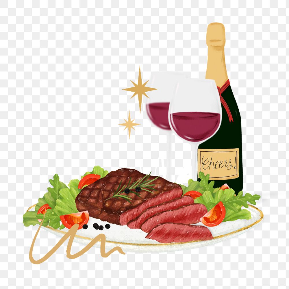 Steak and red wine png sticker, delicious dinner illustration, editable design