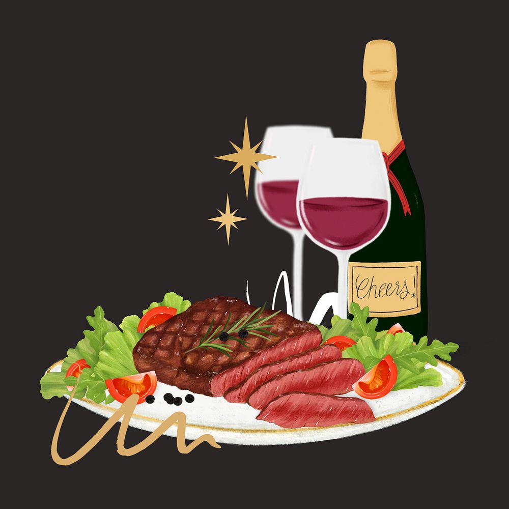 Steak and red wine, delicious dinner illustration, editable design