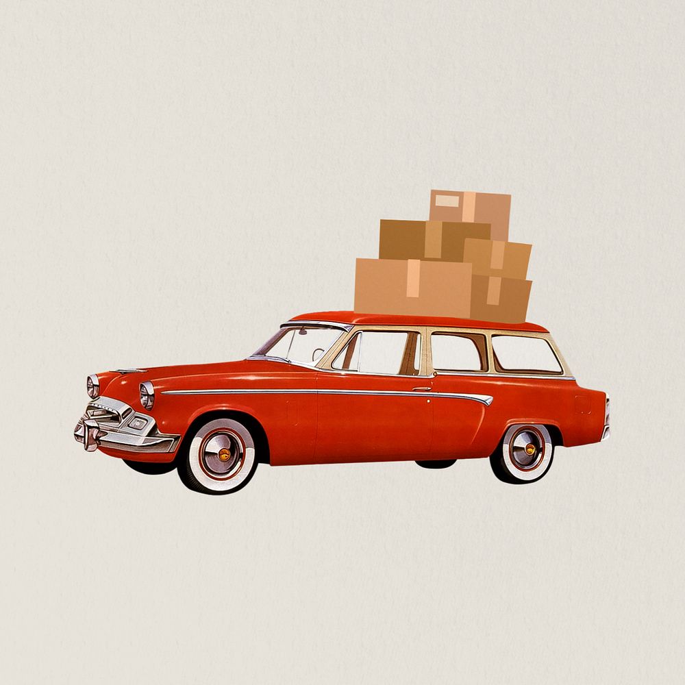 Car carrying moving boxes, editable vintage remix