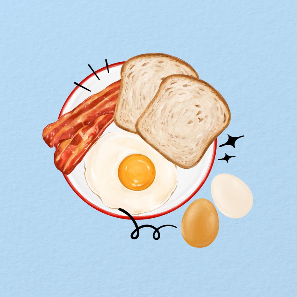 Sunny side up, toast & smoked bacons, breakfast food illustration, editable design