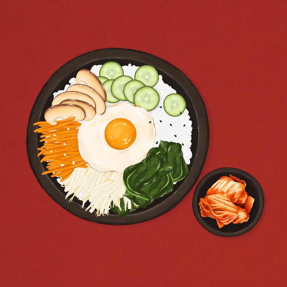 Korean bibimbap, Asian food illustration, editable design