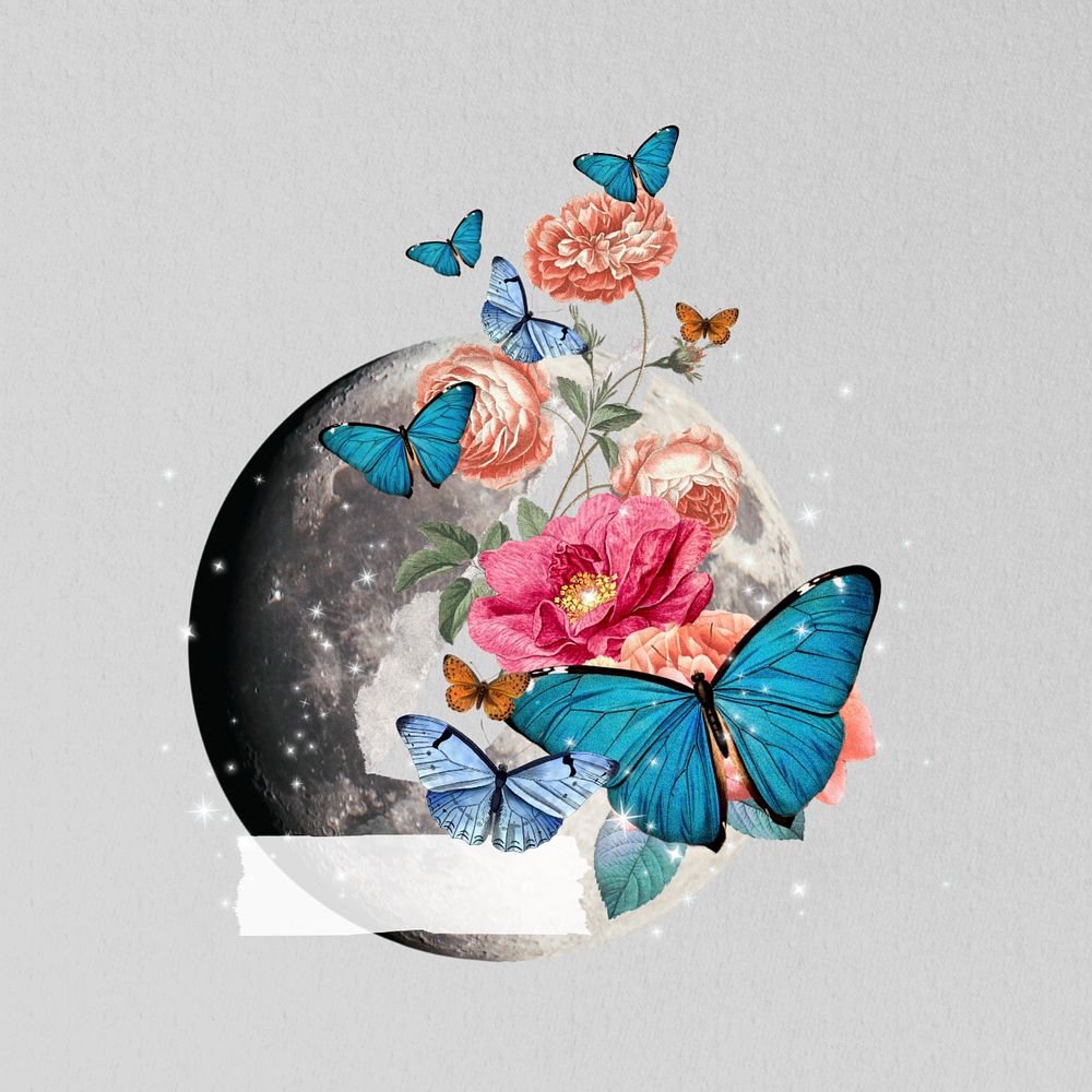 Floral moon butterfly, editable surreal collage art