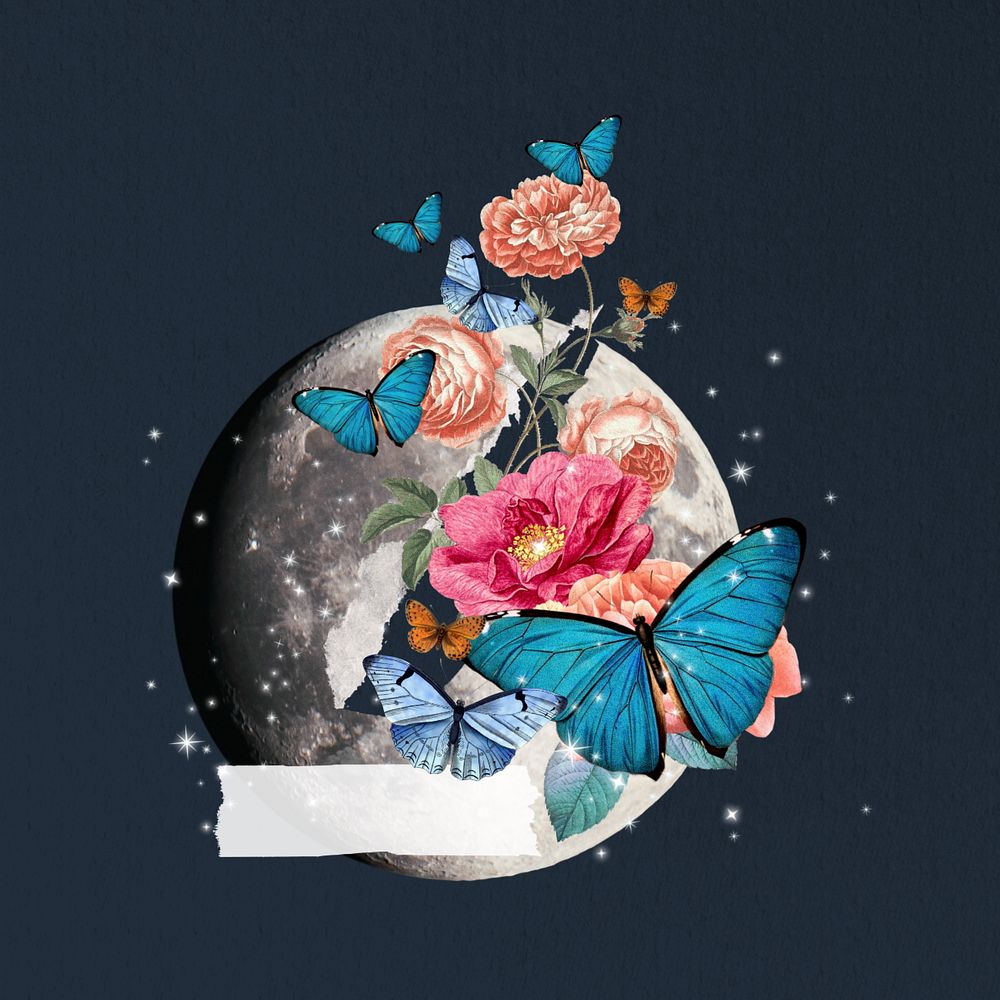 Floral moon butterfly, editable surreal collage art