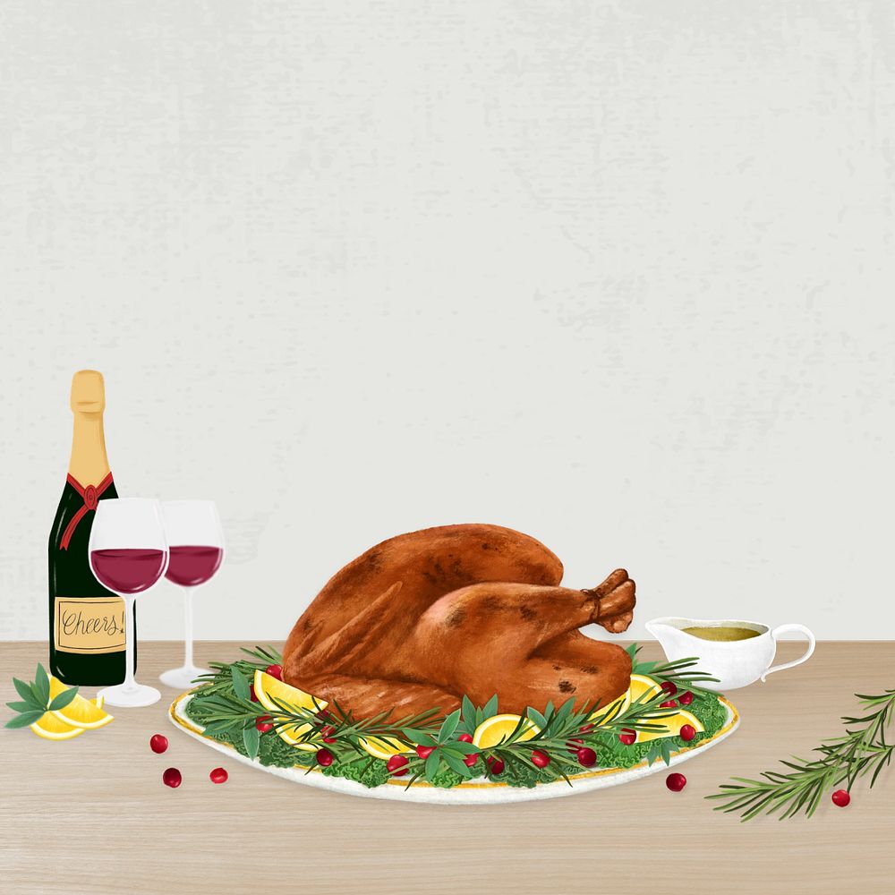 Thanksgiving dinner turkey background, Christmas food illustration, editable design