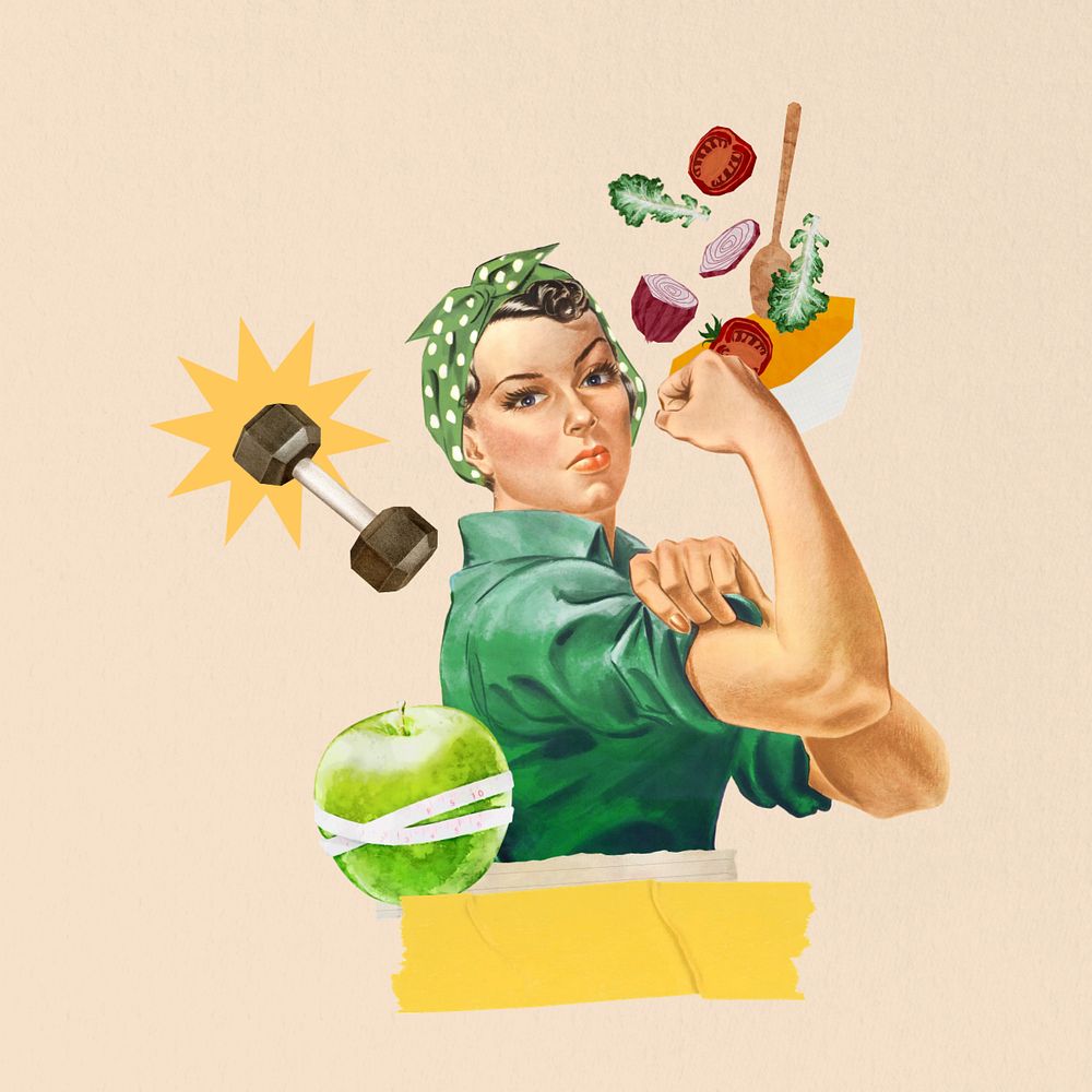 Flexing woman, healthy diet & wellness editable collage. Remixed by rawpixel.