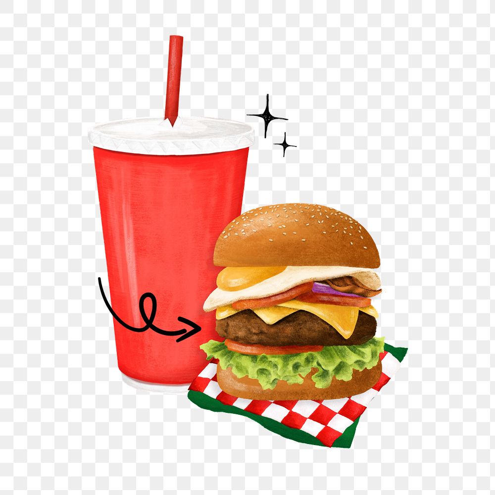 Cheeseburger and soda png sticker, fast food illustration, editable design