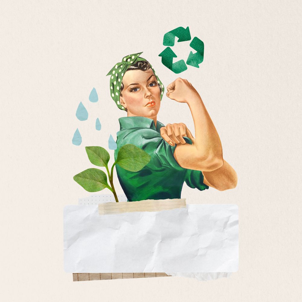 Environmentalist woman flexing muscle editable collage art. Remixed by rawpixel.