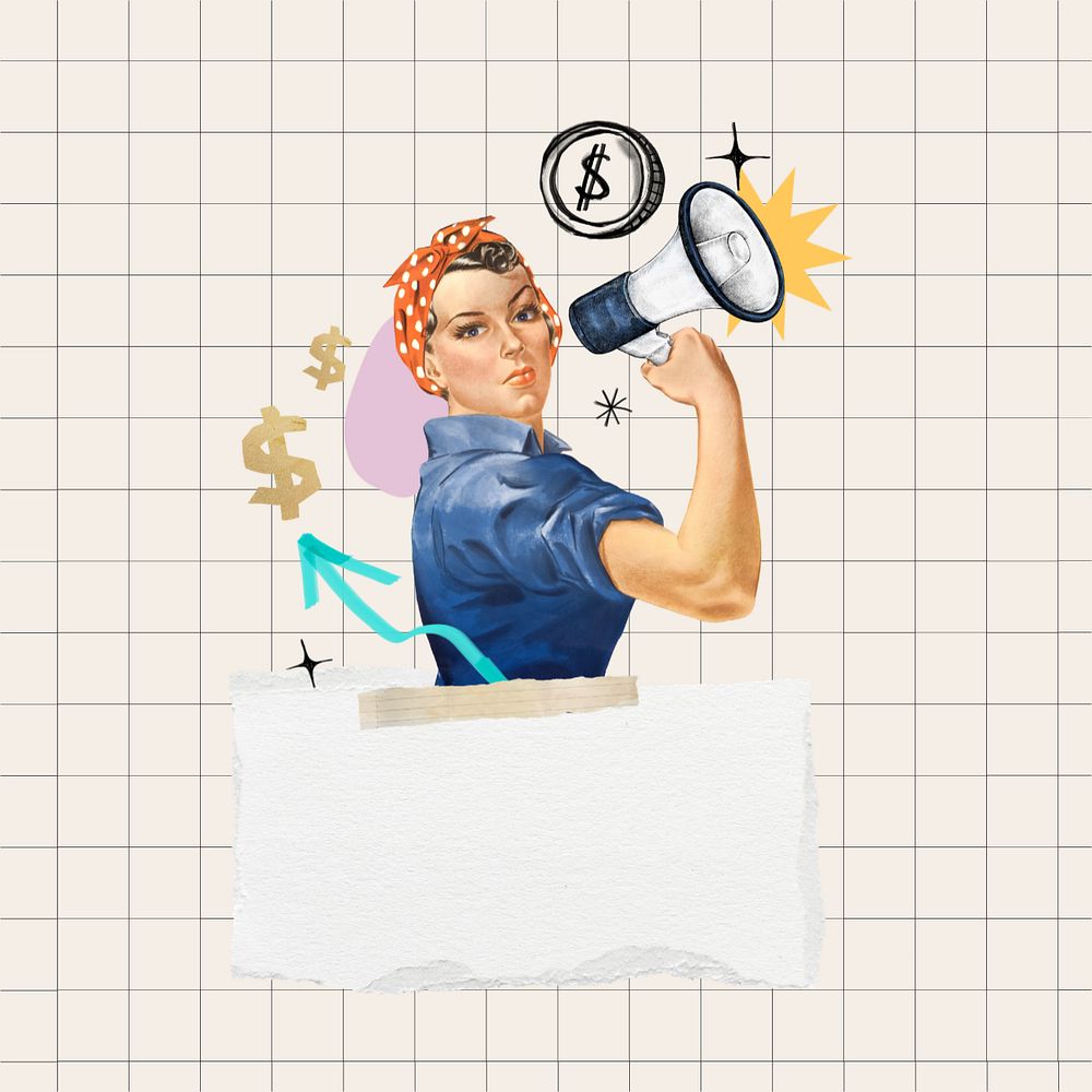 Investor finding note paper, editable woman holding megaphone, finance. Remixed by rawpixel.