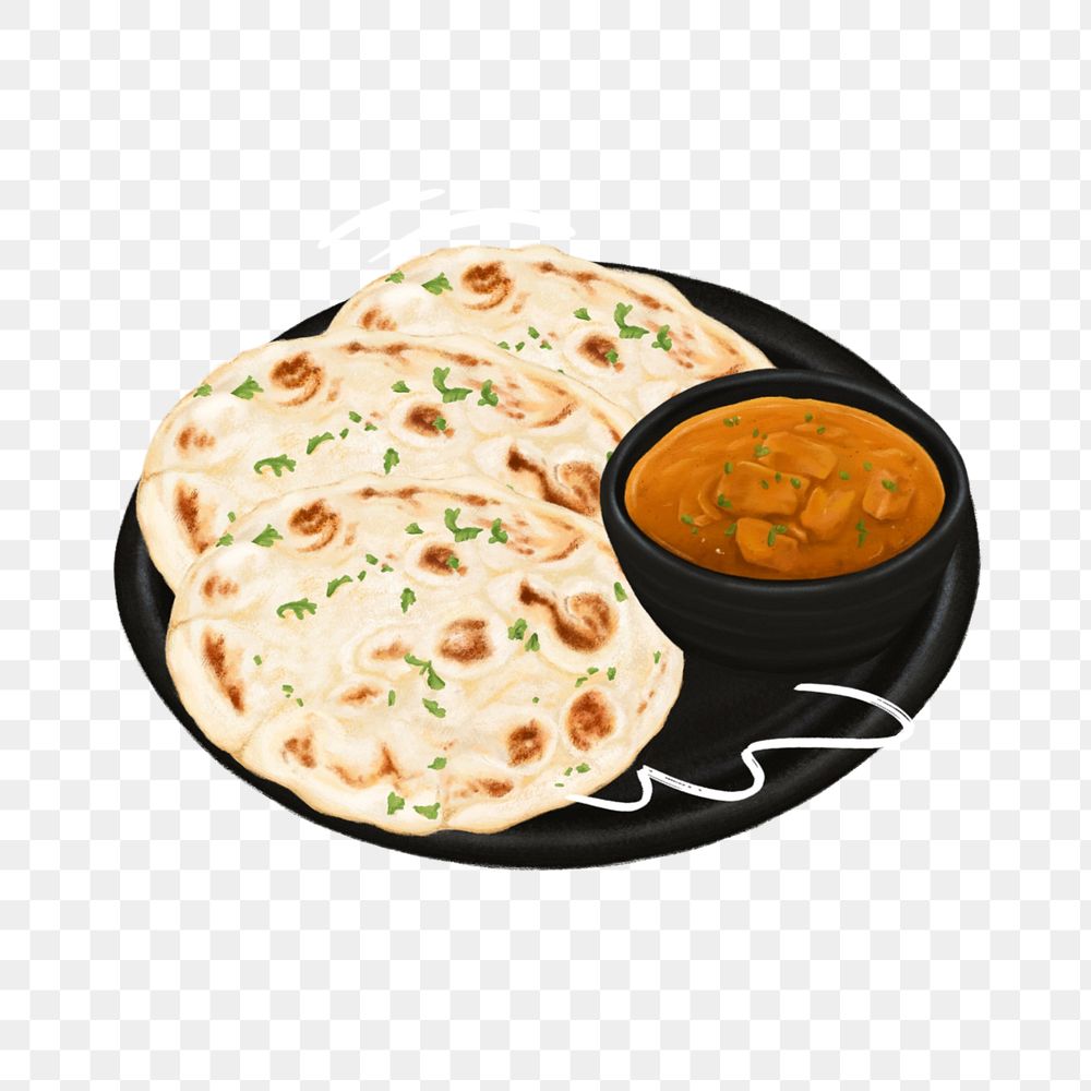 Indian butter chicken png sticker, naan bread, food illustration, editable design