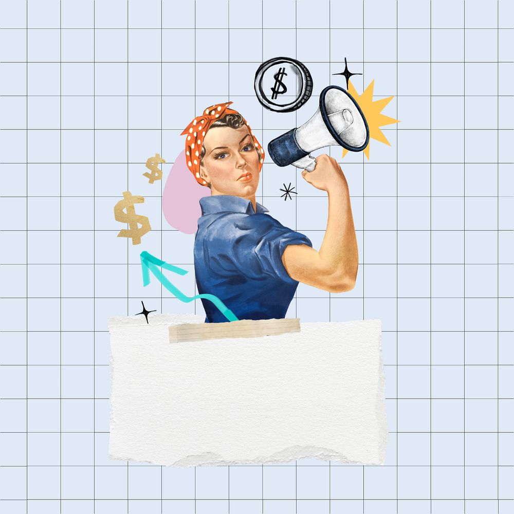 Investor finding note paper, editable woman holding megaphone, finance. Remixed by rawpixel.