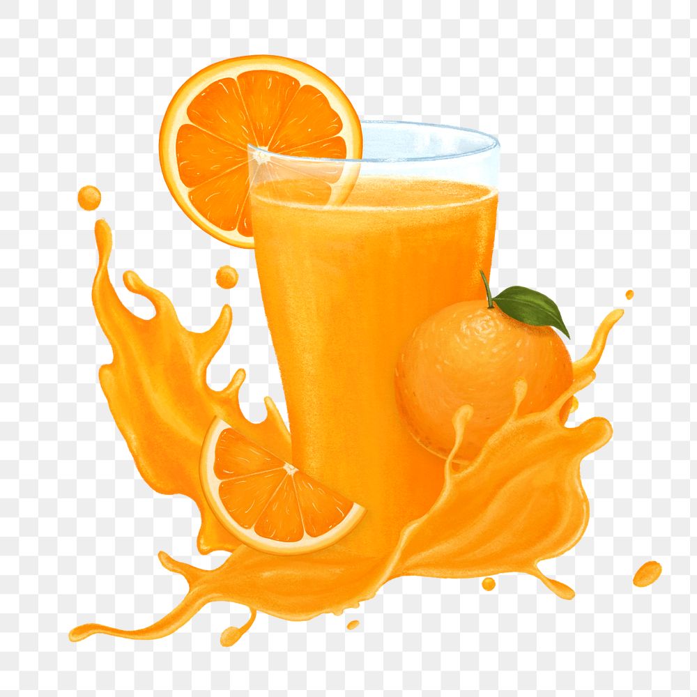 Orange juice splash png sticker, healthy drink illustration, editable design