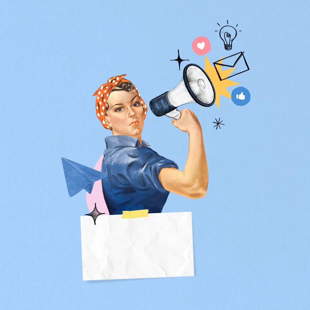 Woman holding megaphone, note paper, editable social media vintage. Remixed by rawpixel.