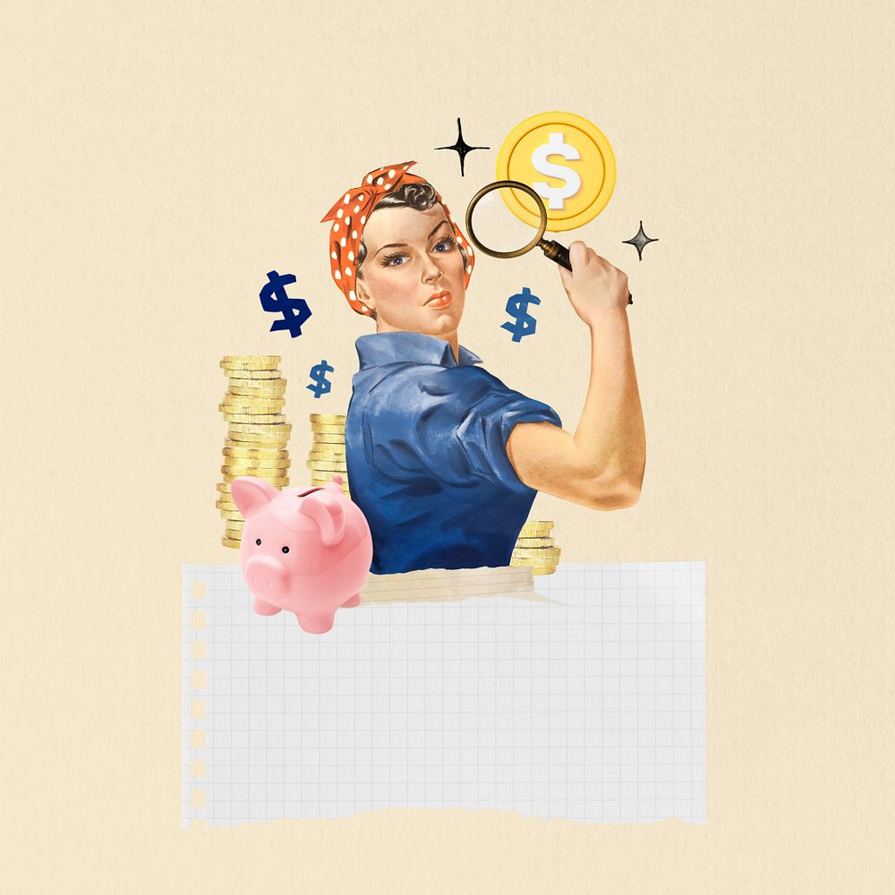 Money saving solution note paper, woman holding magnifying glass editable collage. Remixed by rawpixel.