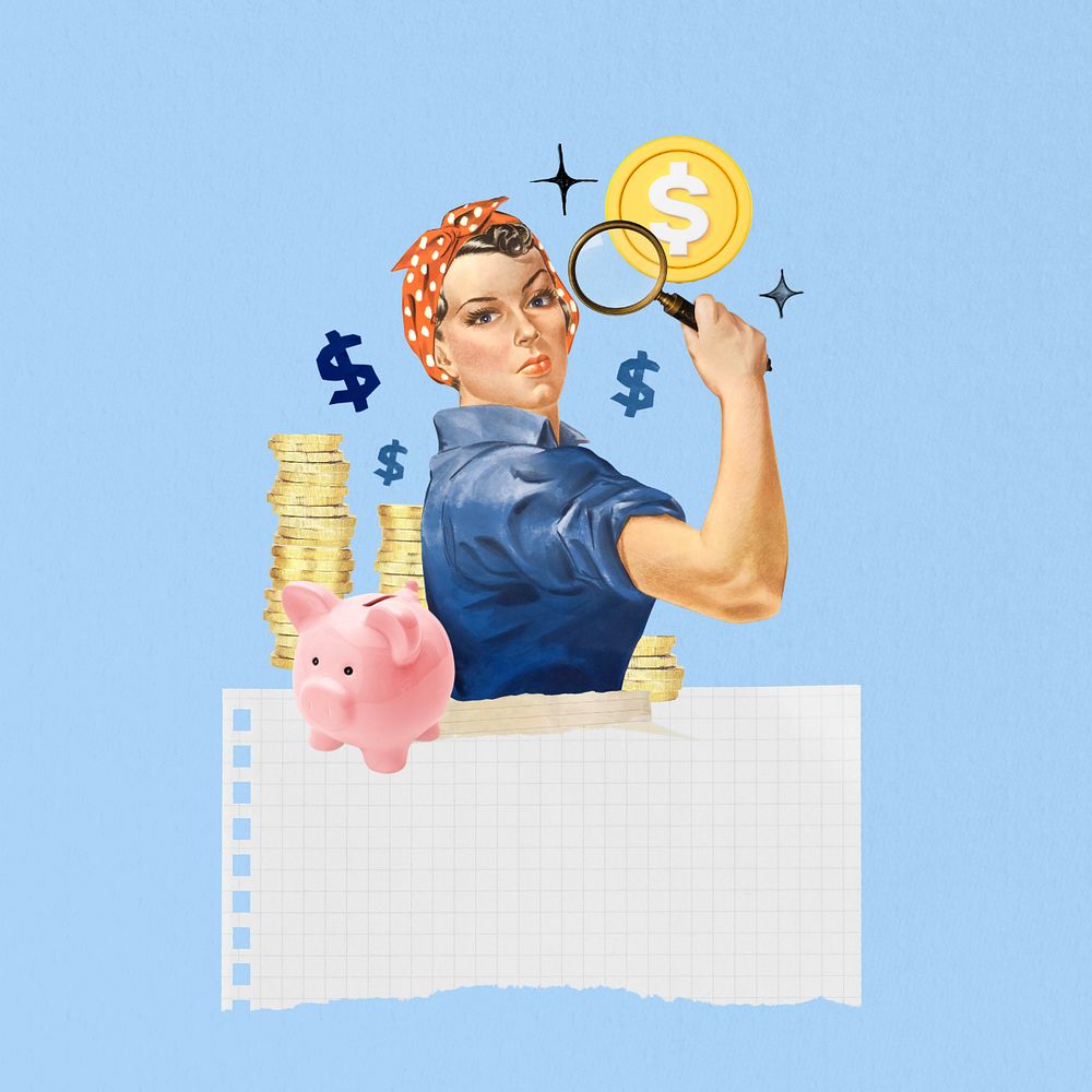 Money saving solution note paper, woman holding magnifying glass editable collage. Remixed by rawpixel.