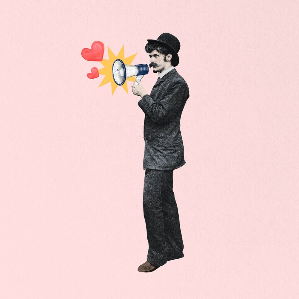 Valentine's celebration, man holding megaphone editable collage . Remixed by rawpixel.