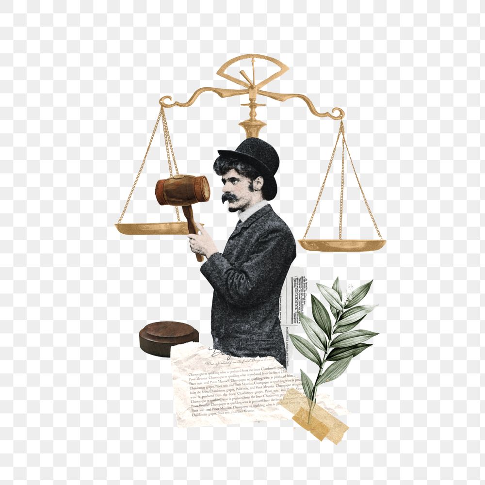 Man holding gavel png, editable justice scale. Remixed by rawpixel.