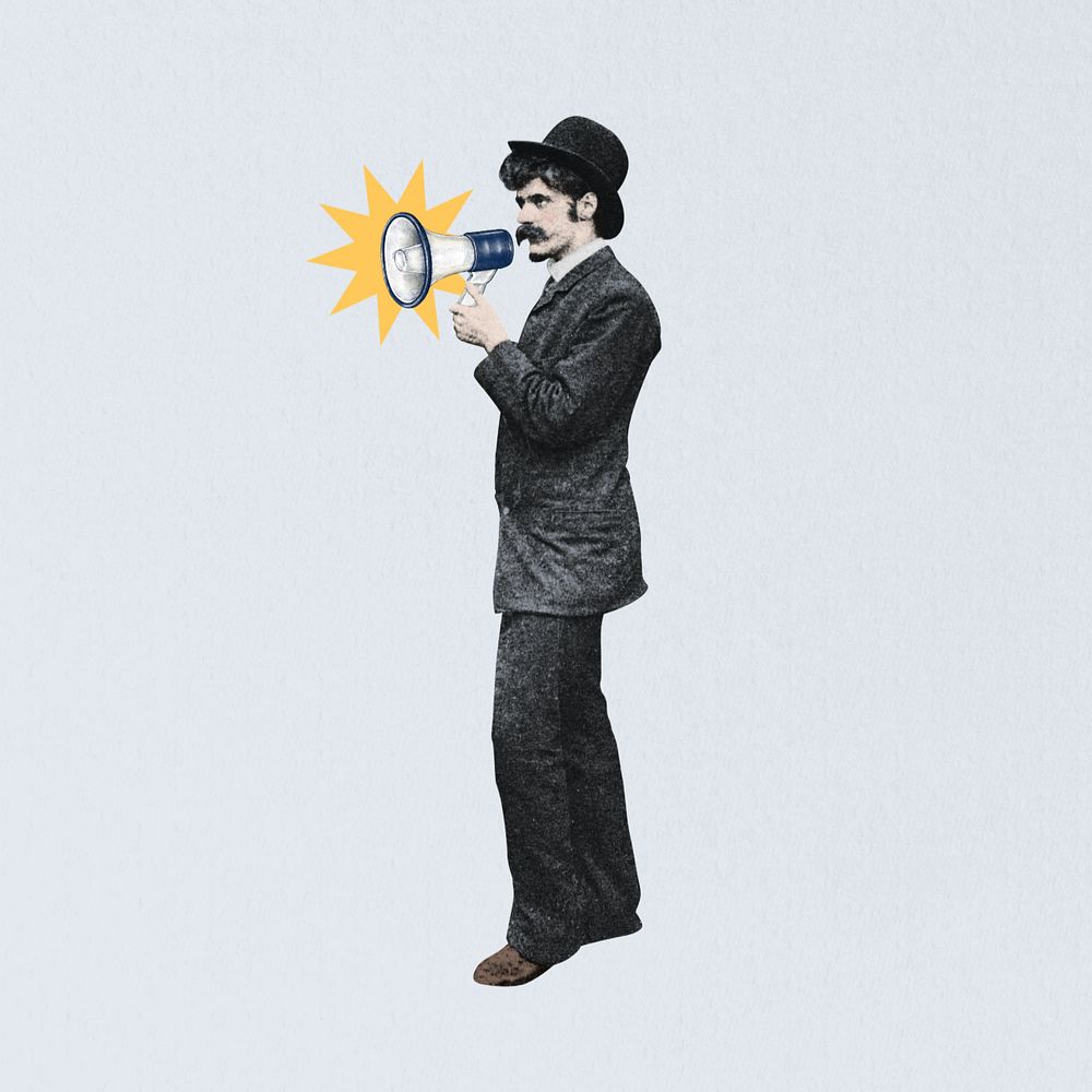 Businessman holding megaphone, editable vintage. Remixed by rawpixel.