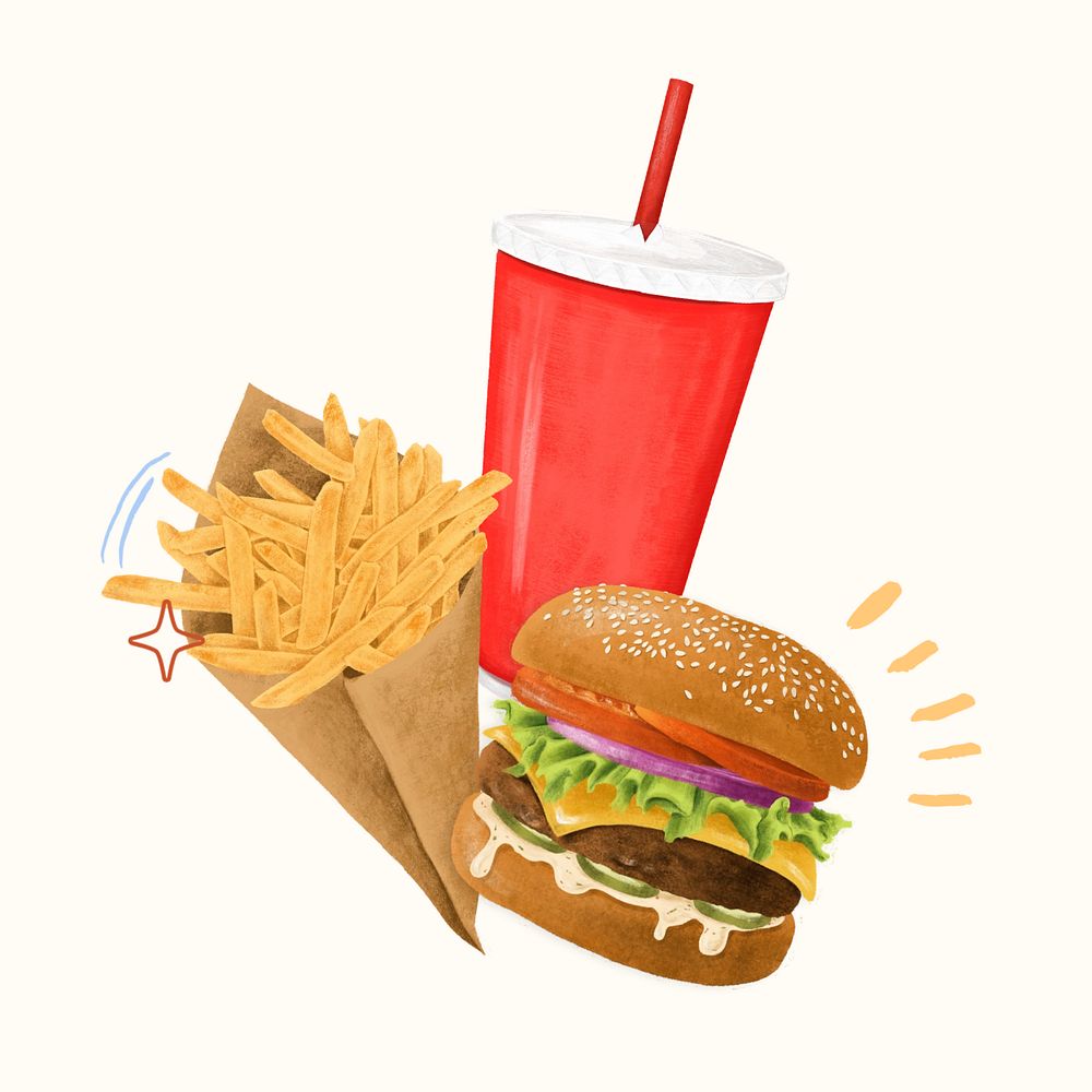 Burger, french fries and soda, fast food illustration, editable design