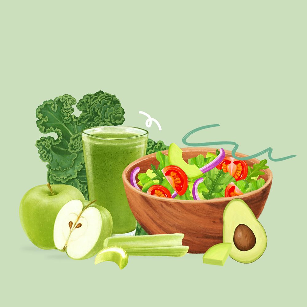 Healthy salad bowl, celery apple juice, diet food illustration, editable design