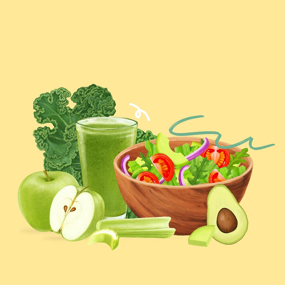 Healthy salad bowl, celery apple juice, diet food illustration, editable design