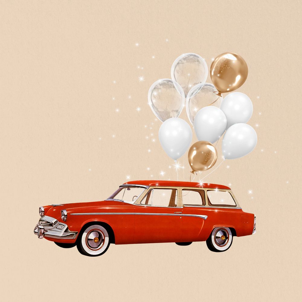 Floating car with balloons, celebration editable graphic