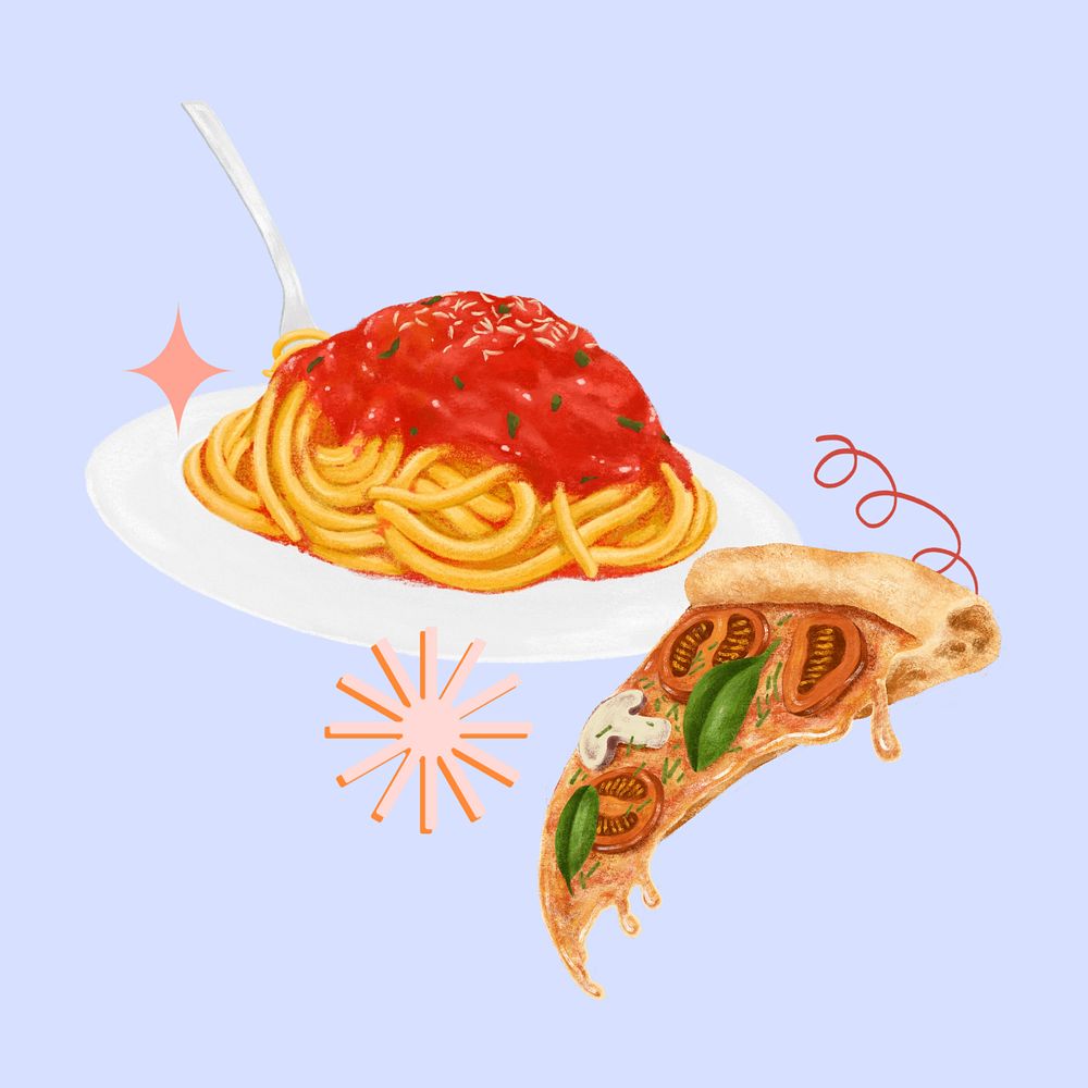 Spaghetti and pizza, Italian food illustration, editable design