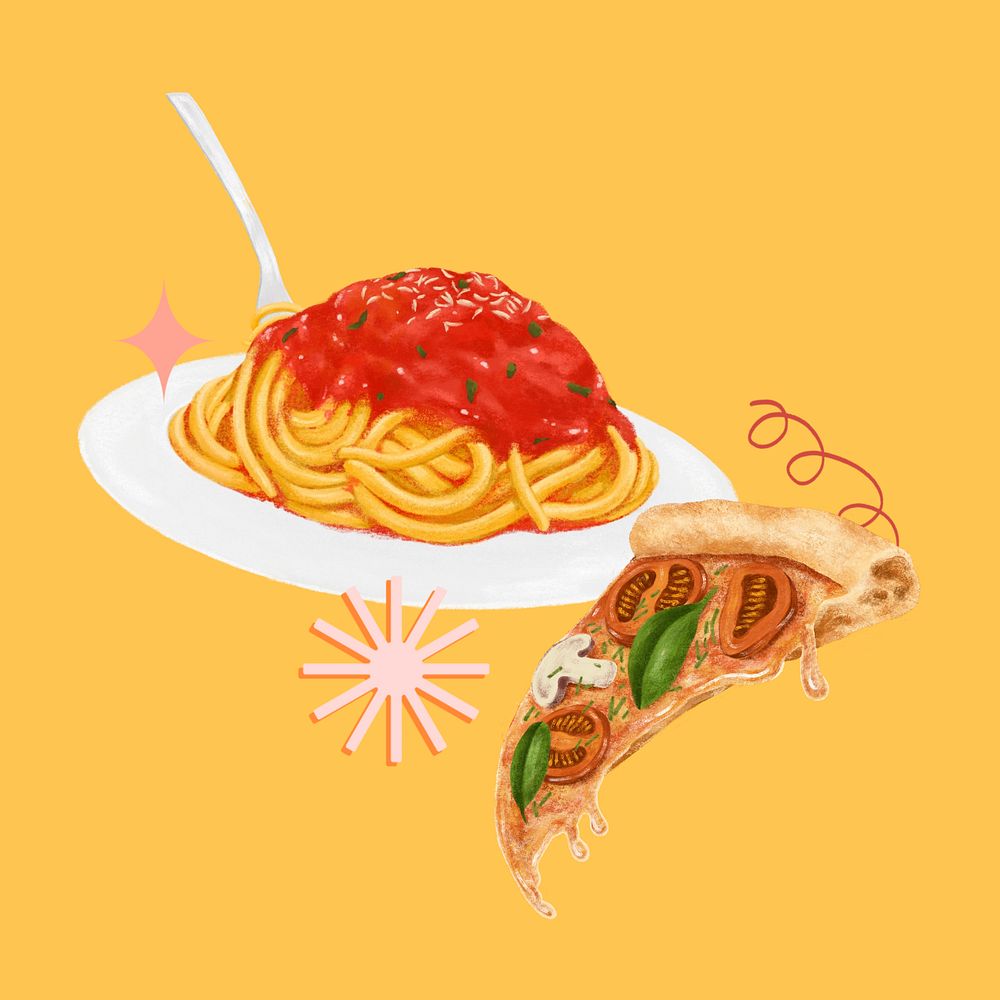 Spaghetti and pizza, Italian food illustration, editable design