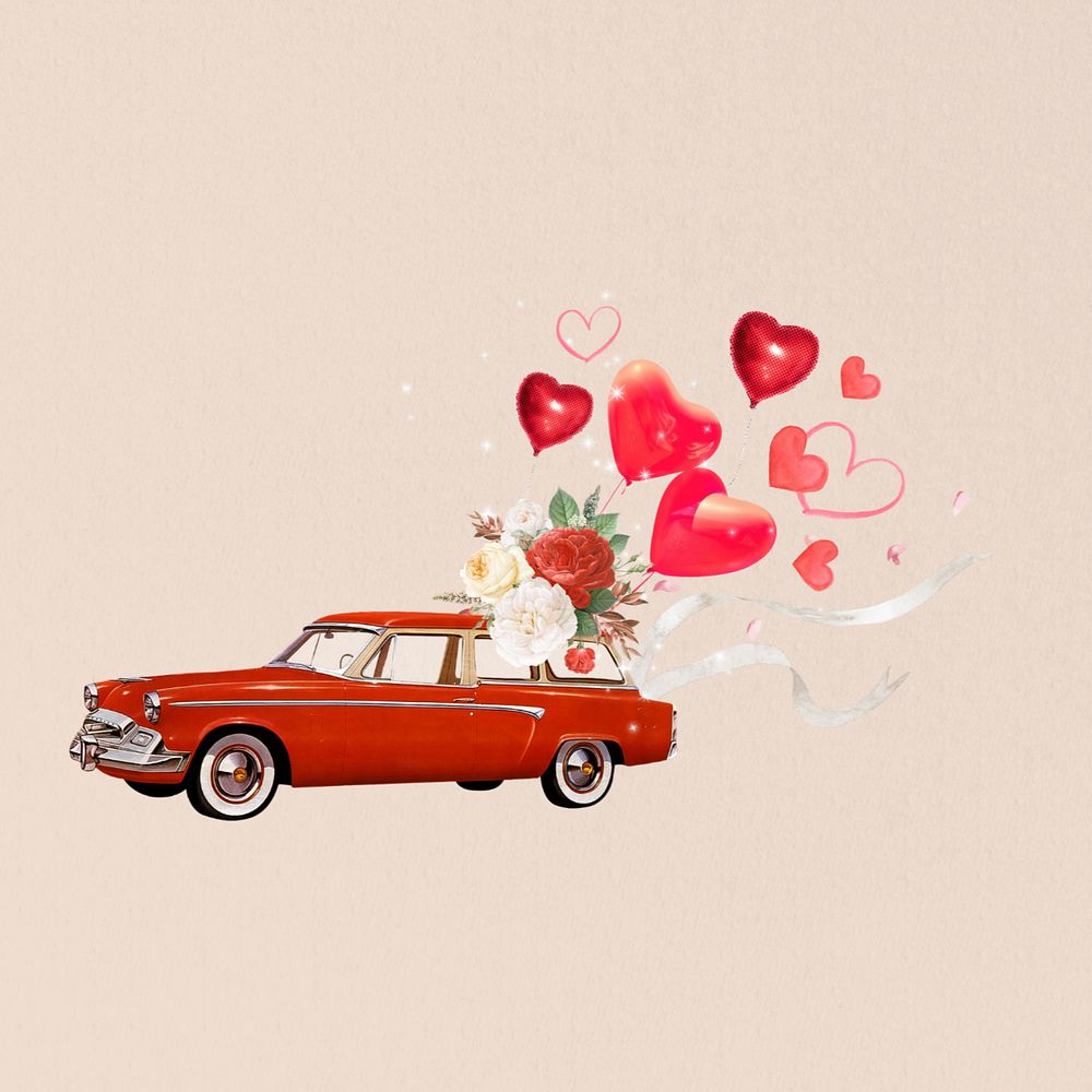 Wedding getaway car, editable heart balloons remix