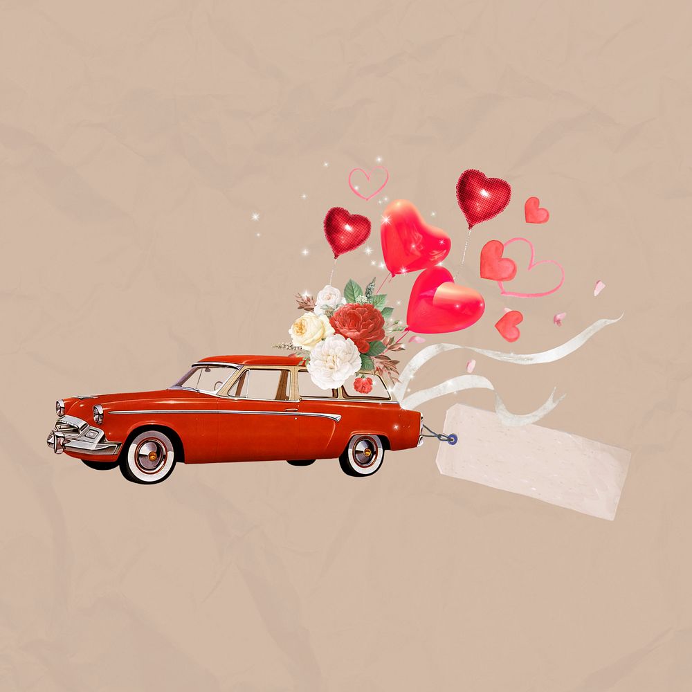 Wedding getaway car, heart balloons editable remix