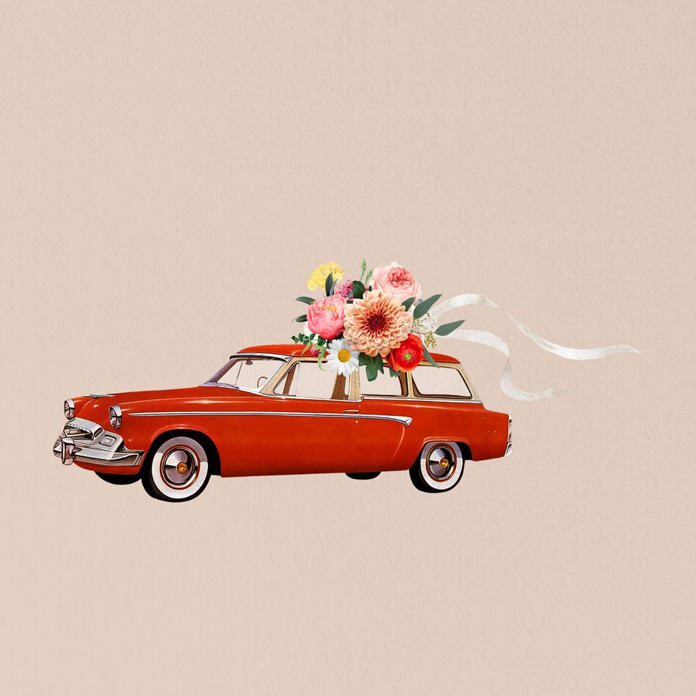 Wedding getaway car, flower bouquet editable remix