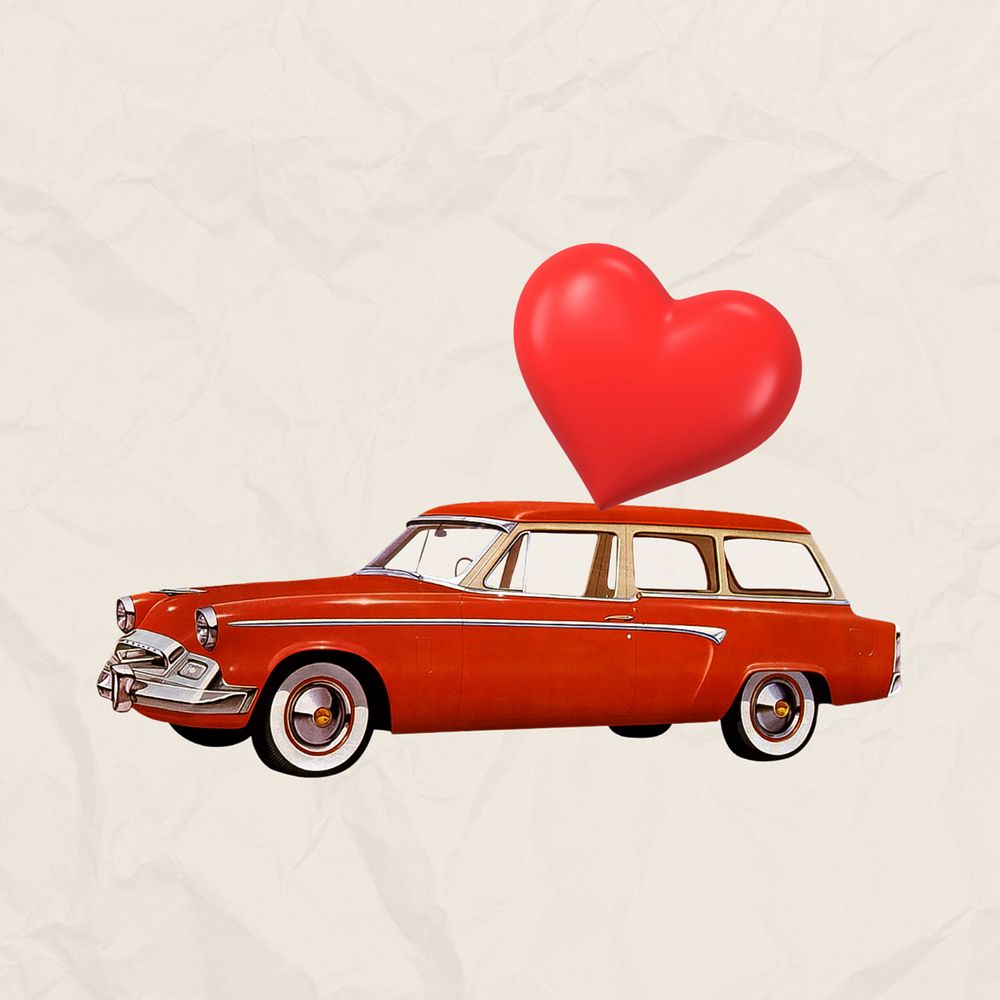 Valentine's celebration car, floating heart balloons editable collage art