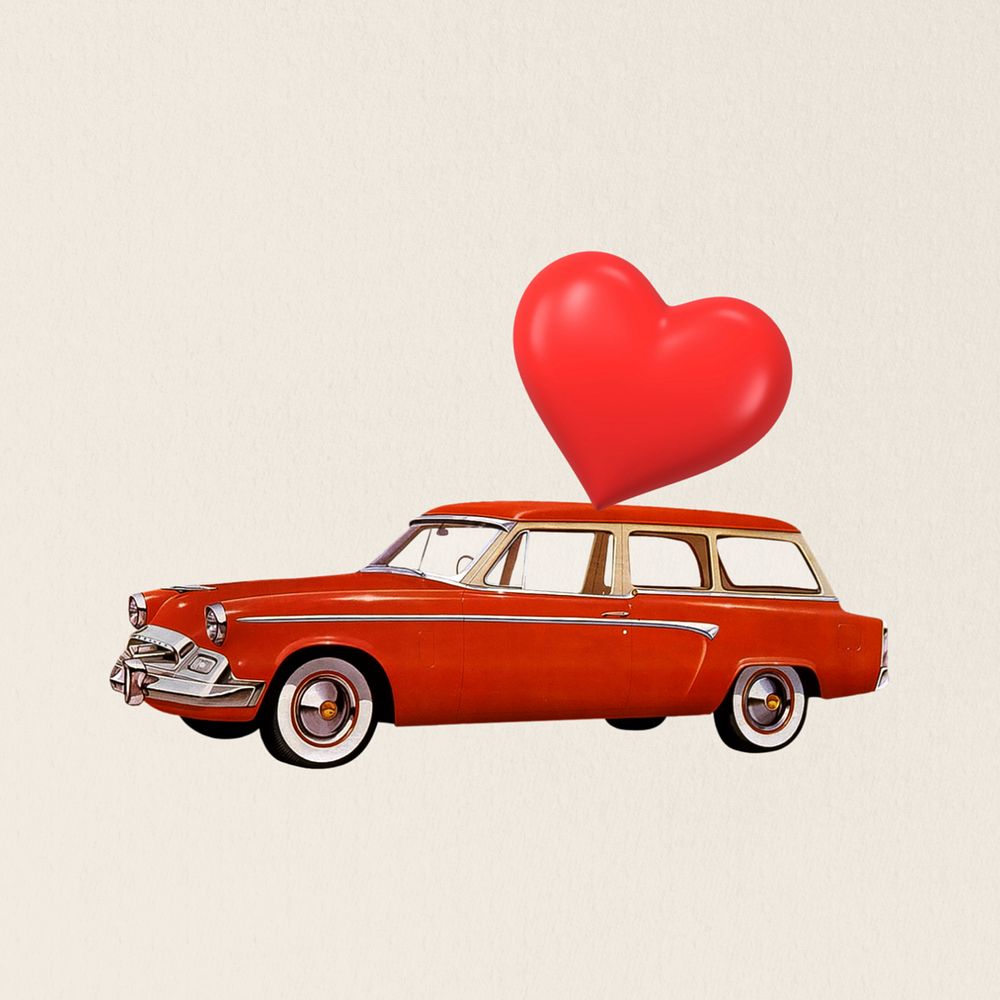 Valentine's celebration car, floating heart balloons editable collage art