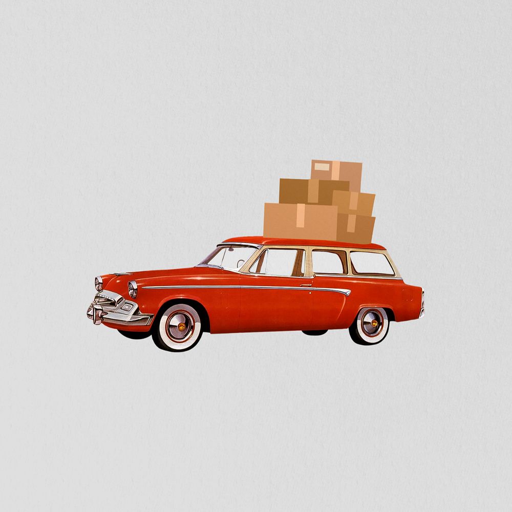 Car carrying moving boxes, editable vintage remix