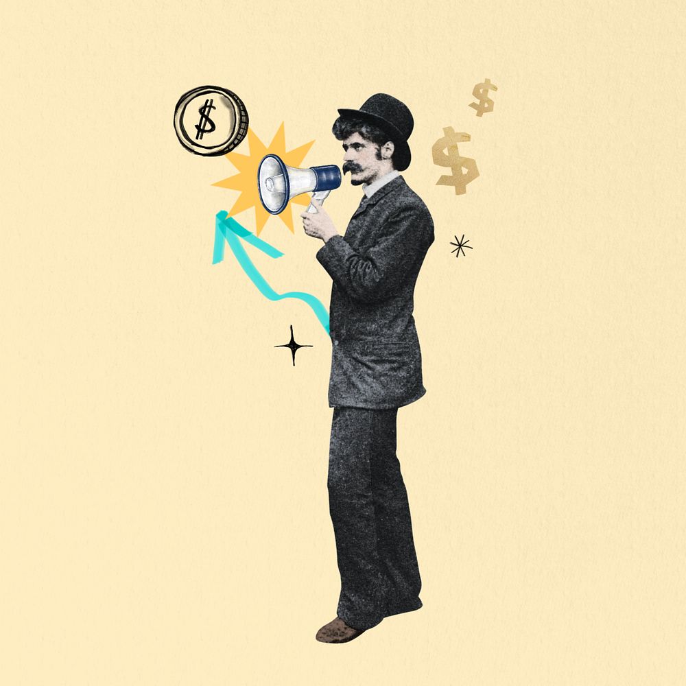 Investor finding, man holding megaphone, editable finance. Remixed by rawpixel.