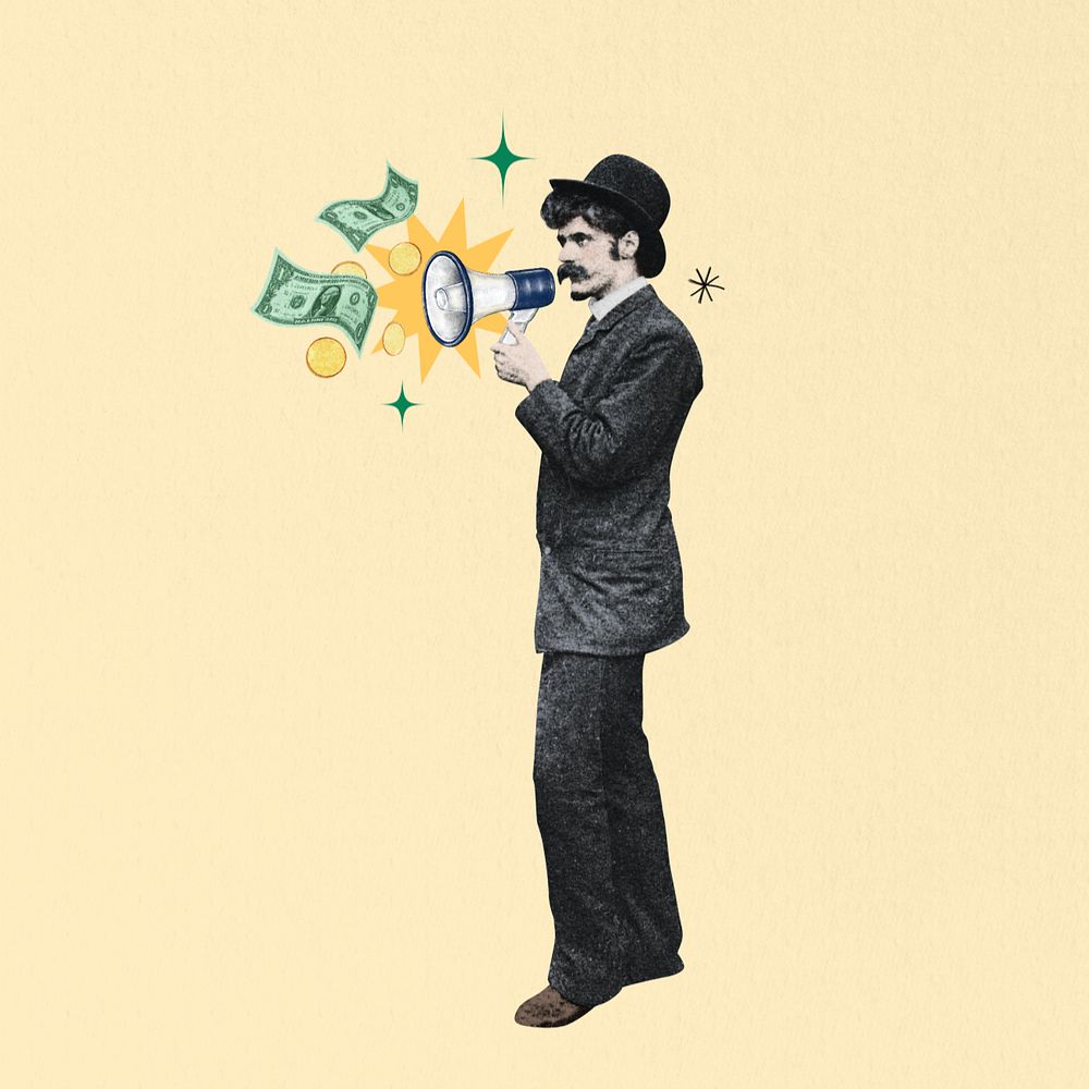 Investor finding, man holding megaphone, editable finance. Remixed by rawpixel.