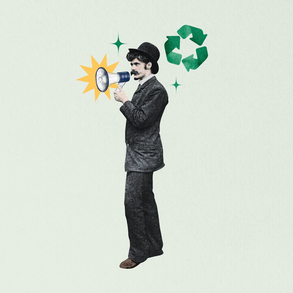 Environmentalist man holding megaphone editable collage art. Remixed by rawpixel.