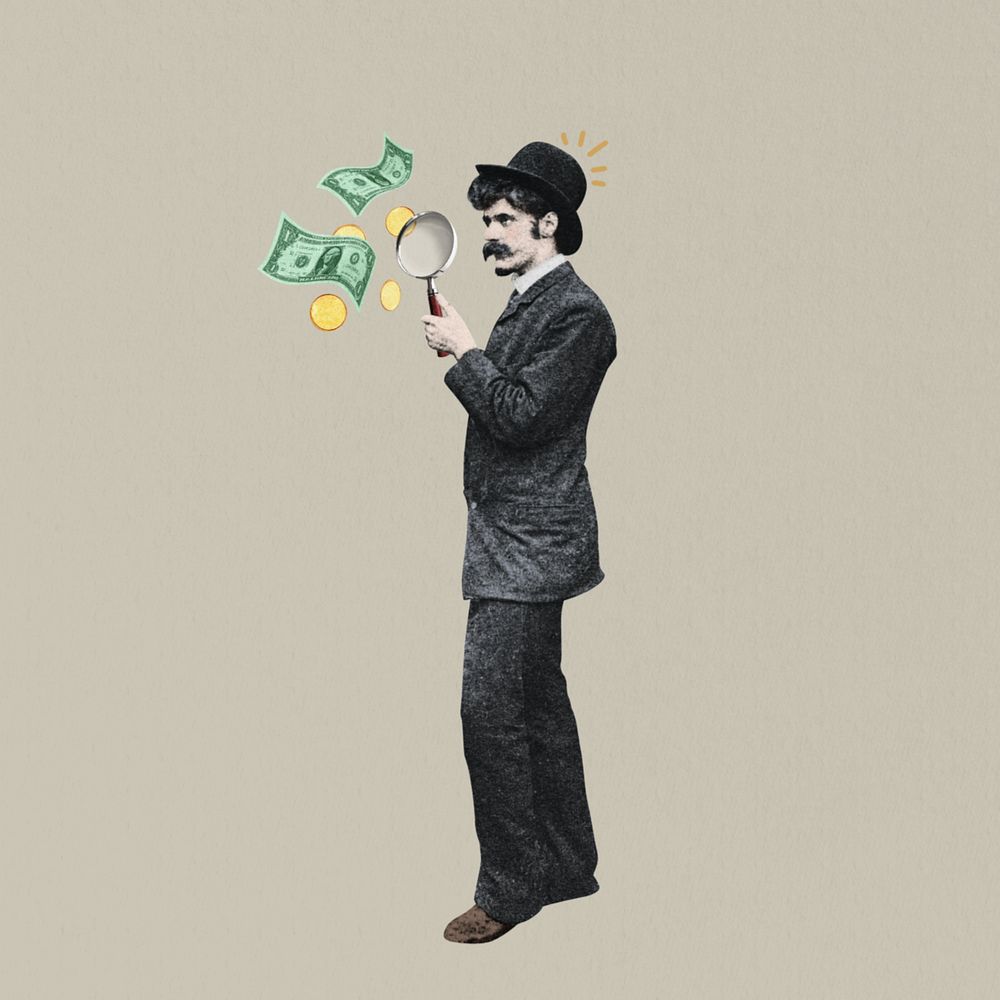 Investor finding, man holding magnifying glass, editable finance. Remixed by rawpixel.