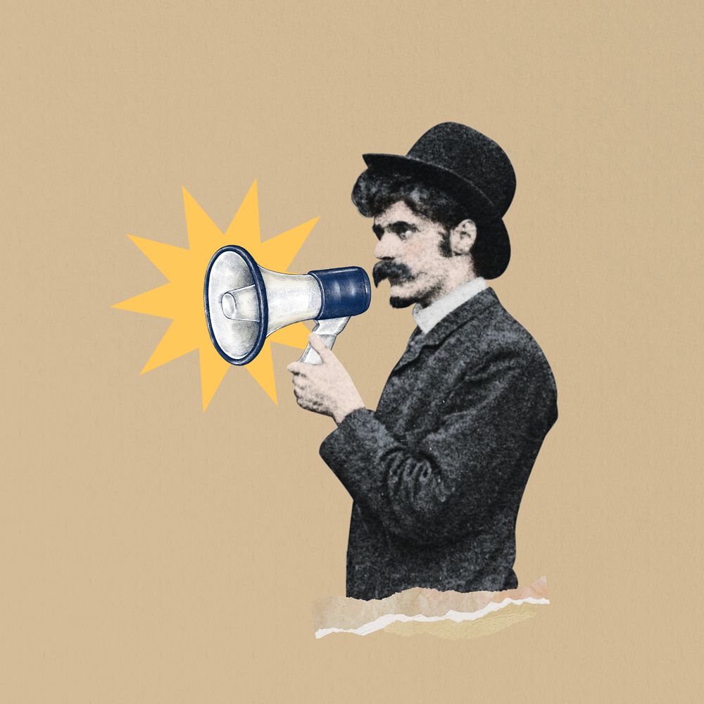 Businessman holding megaphone, editable vintage. Remixed by rawpixel.