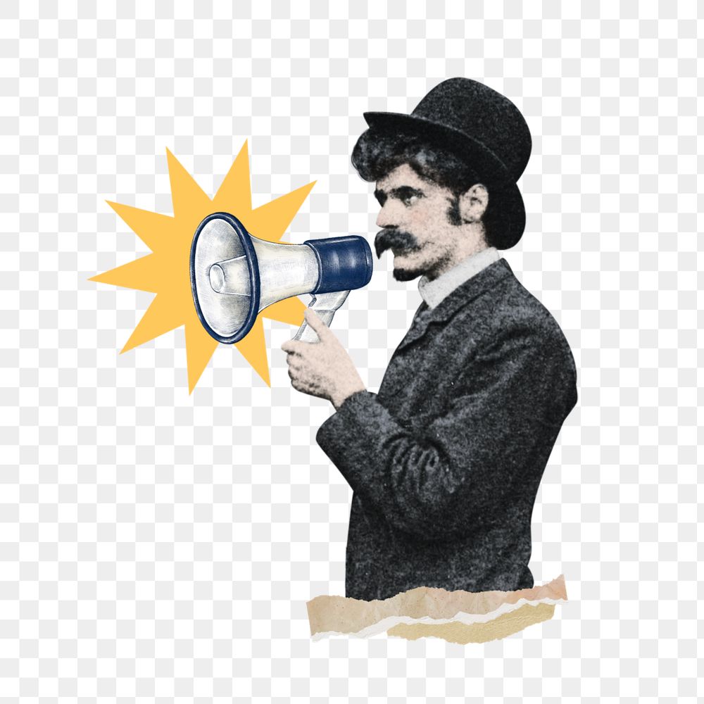 Businessman holding megaphone png, editable vintage. Remixed by rawpixel.