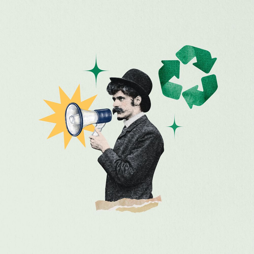 Environmentalist man holding megaphone editable collage art. Remixed by rawpixel.