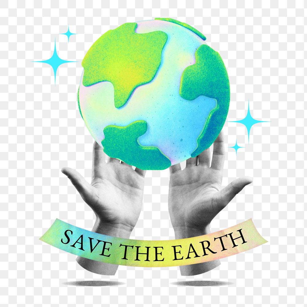 Save the earth word png element, editable globe gradient collage remix