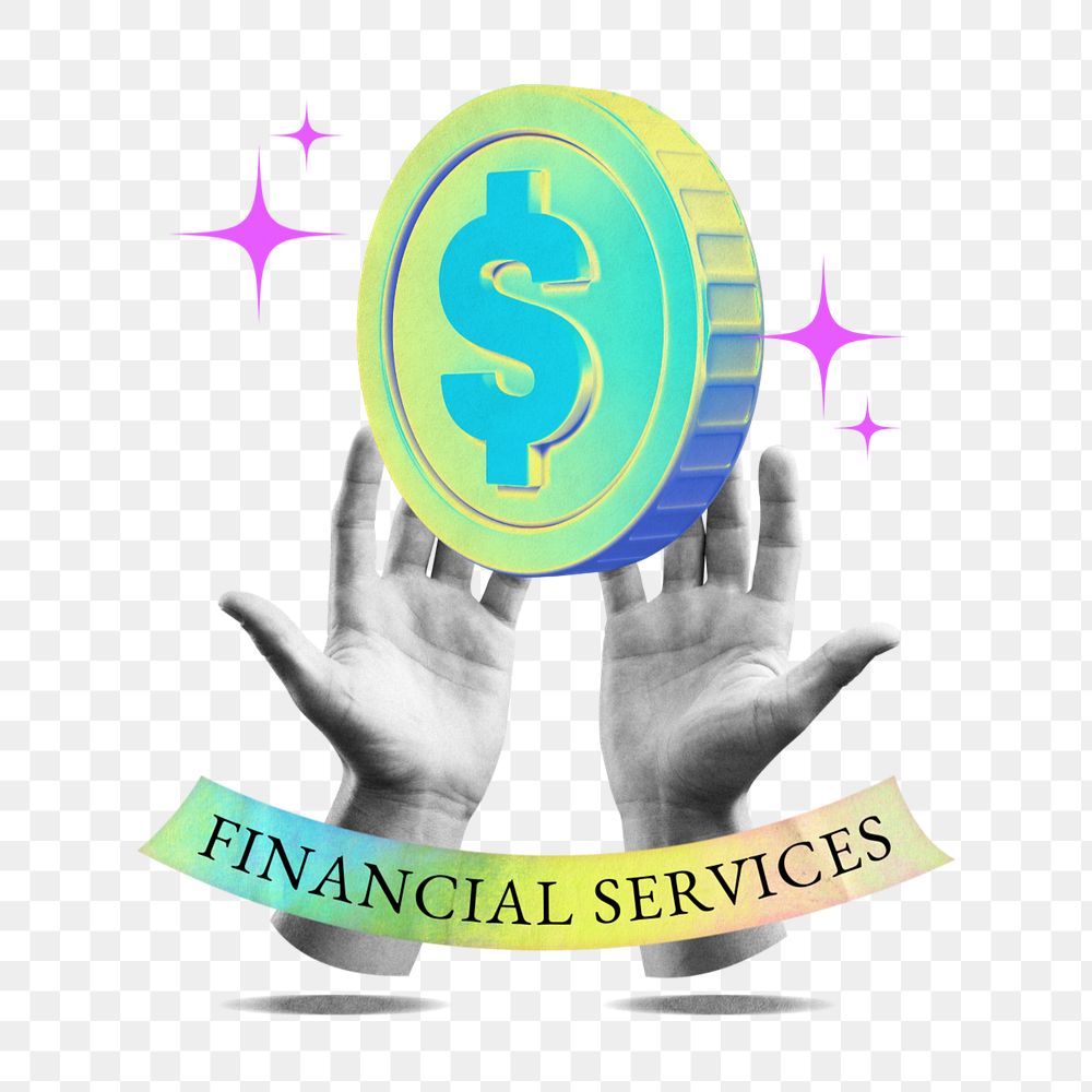 Financial service word png element, editable gradient coin collage remix