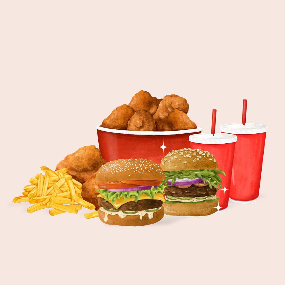 Fast food set, fried chicken, burger and fries illustration, editable design