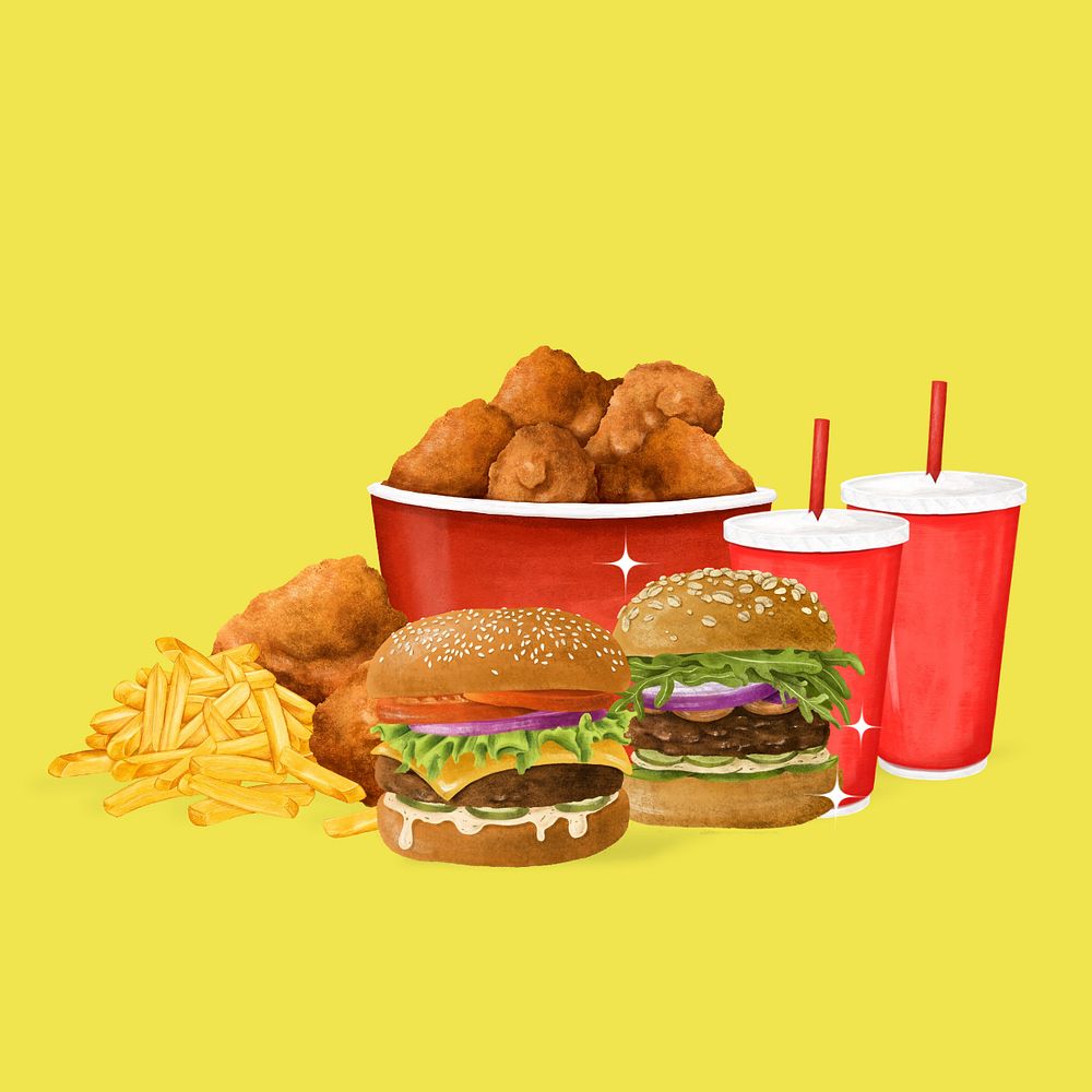 Fast food set, fried chicken, burger and fries illustration, editable design